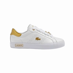 Earth Base Shock Absorbing Midsole LACOSTE 7-45SFA0034216 POWERCOURT 2.0 WMN'S (Medium) White/Gold Leather & Synthetic Lifestyle Shoes