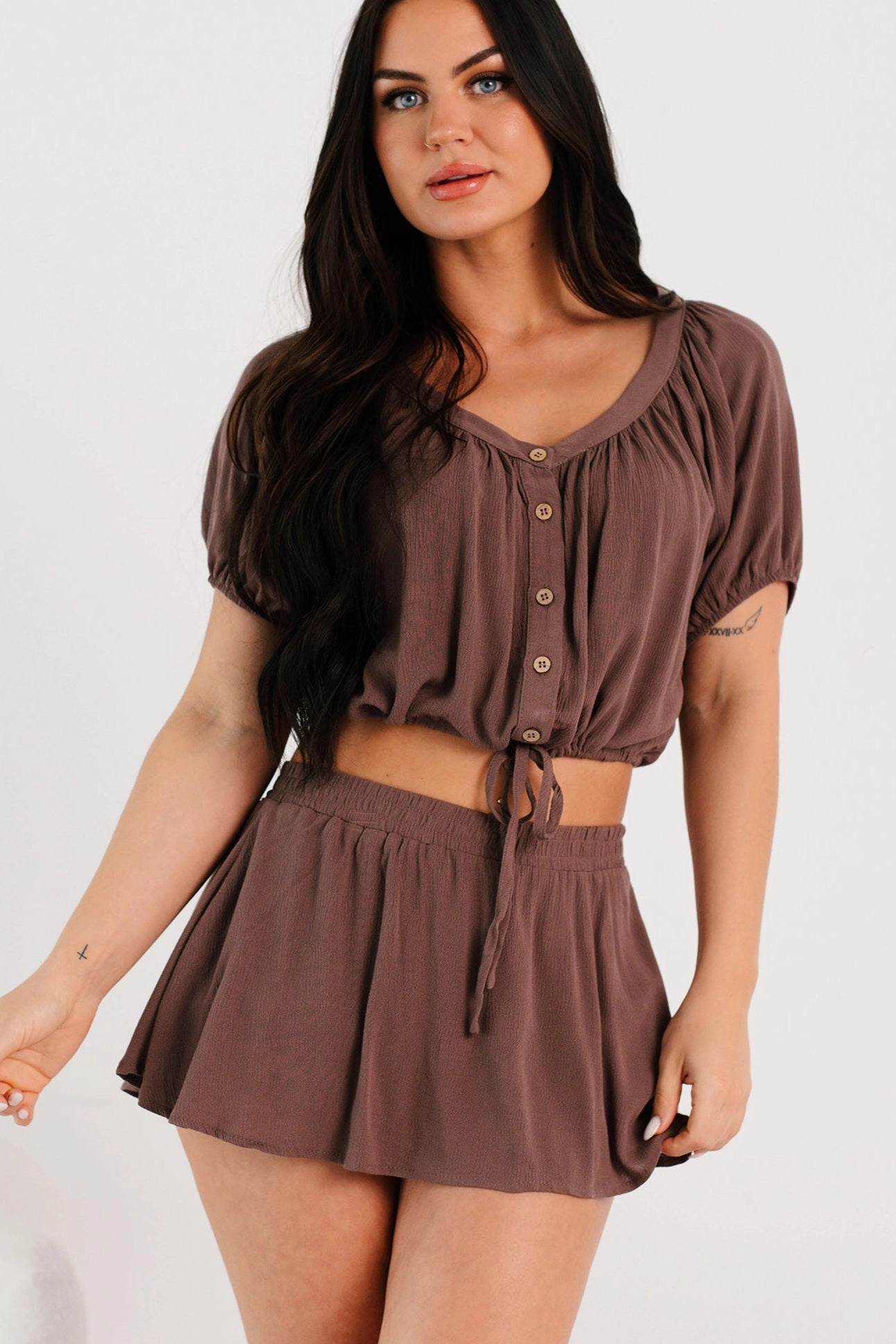 Laid Back Days Short Sleeve Top & Skort Set (Cocoa) Sport Wear Balanced Design