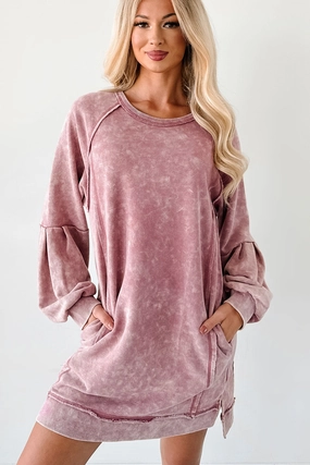 Empire-Waist Body Confidence Laid-Back Glow Mineral Wash Long Sleeve Dress (Rose)
