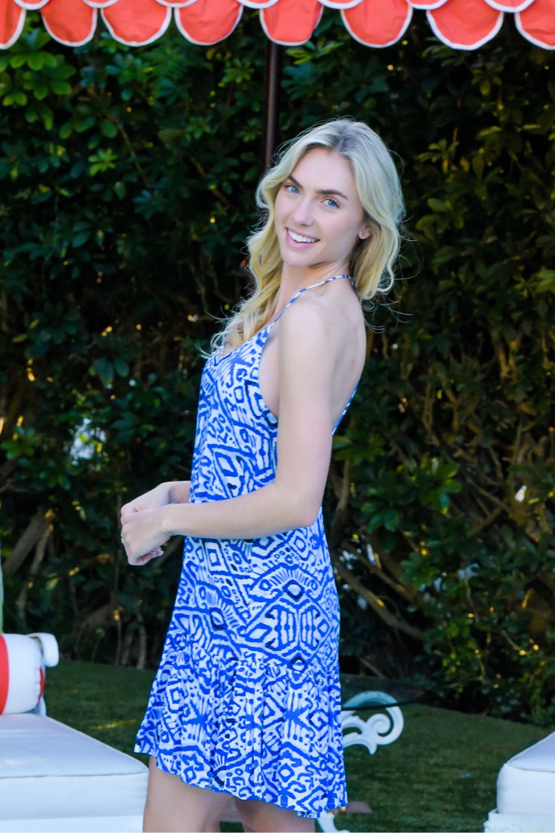 Laney Dress / Dark Blue Ikat Urban Casual Sheer Look