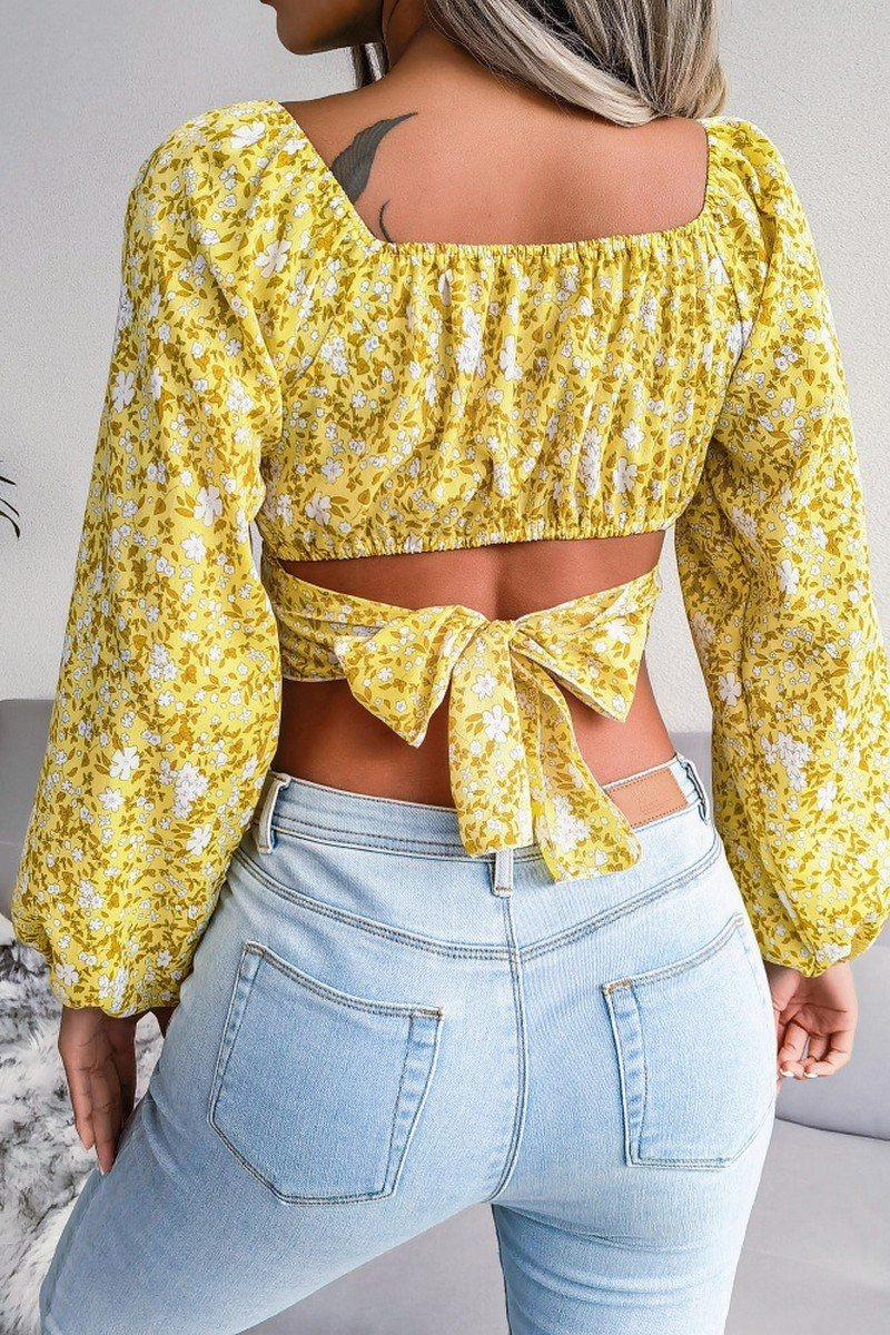 LANTERN SLEEVE BOW FLORAL CHIFFON CROP BLOUSE Temperature Regulating Fibers Bold Patterns