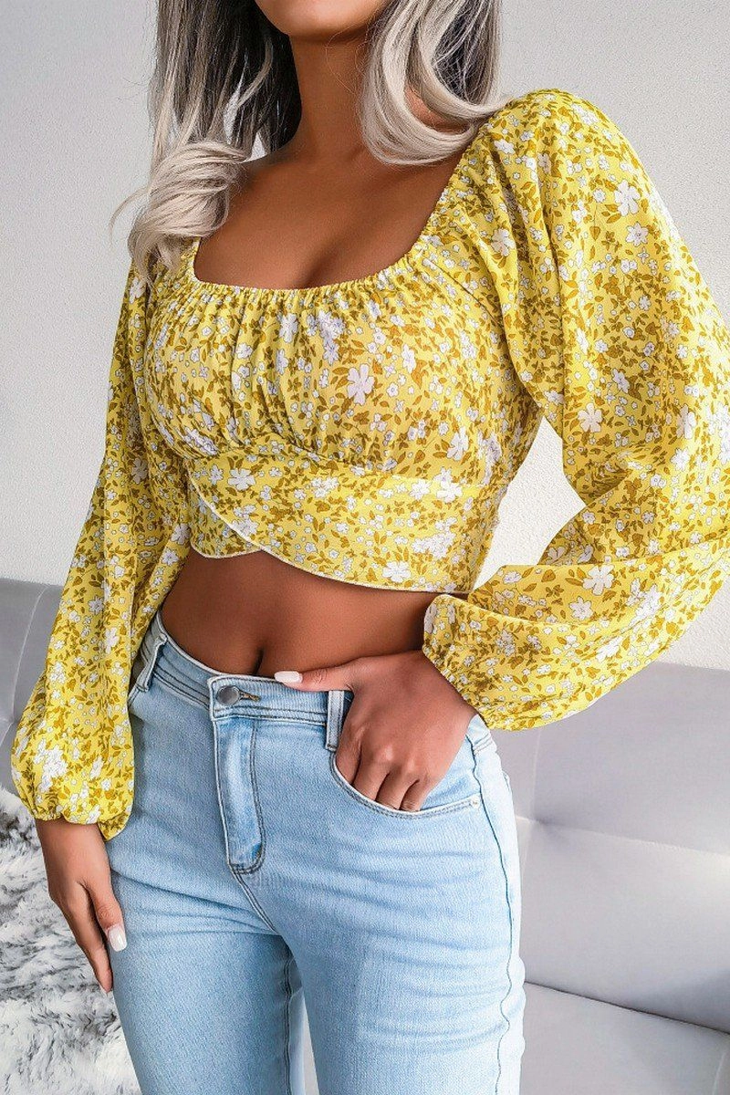 LANTERN SLEEVE BOW FLORAL CHIFFON CROP BLOUSE Flatlock Seam LongSleeve