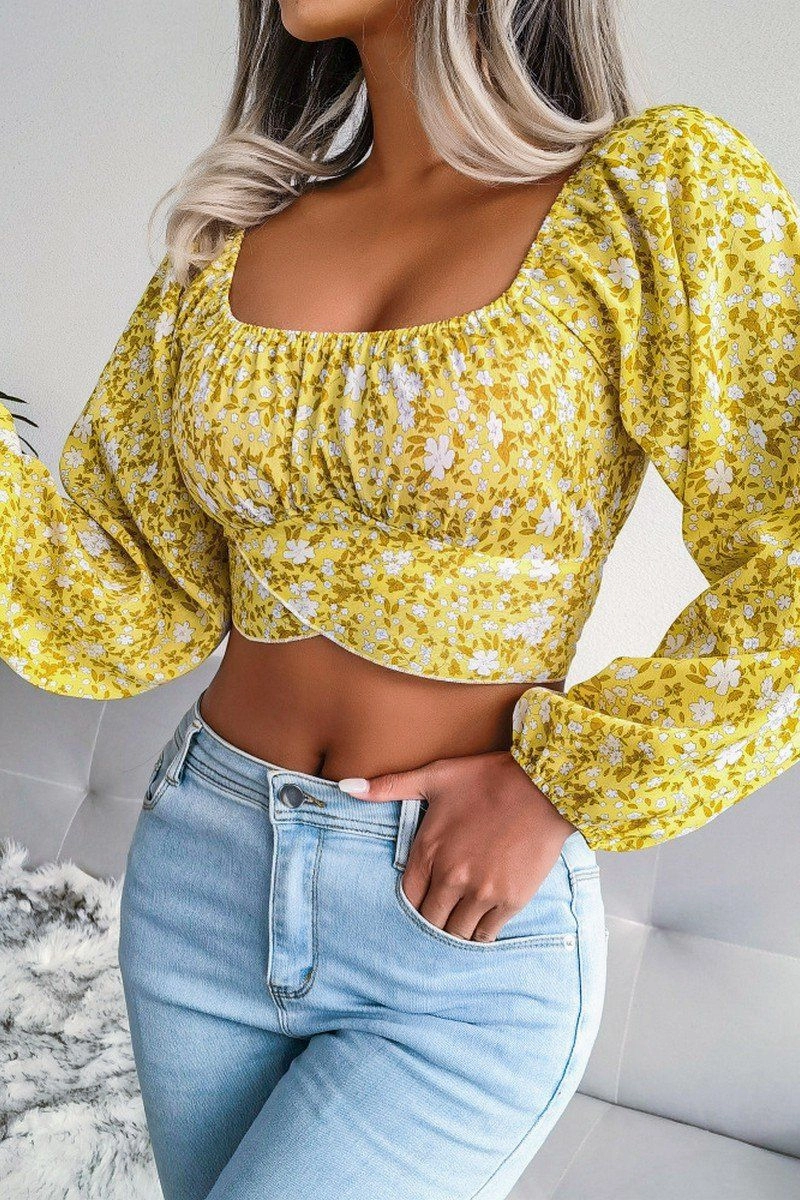 Soft Inner Lining LANTERN SLEEVE BOW FLORAL CHIFFON CROP BLOUSE