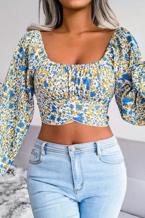 Stretch Blouse Sustainable Manufacturing LANTERN SLEEVE BOW FLORAL CHIFFON CROP BLOUSE