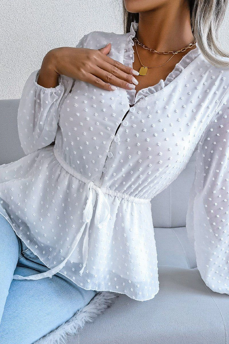 LANTERN SLEEVE RUFFLED SWISS DOT CHIFFON TUNIC Relaxed Fit Shirt