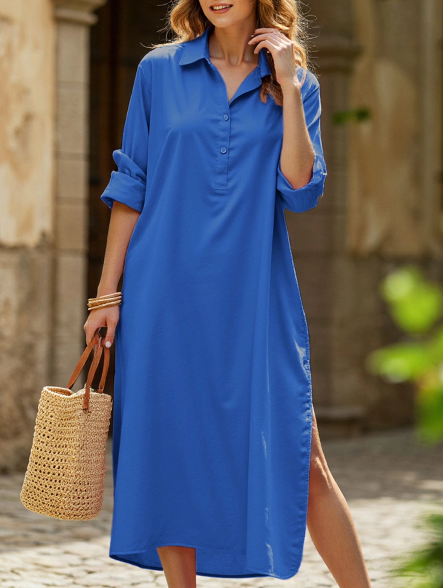 Invisible-Zip Mood Friendly Lapel Button Side Slit Casual Midi Dress