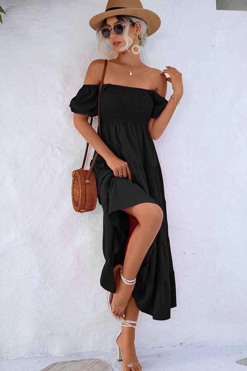 SQUARE NECK PUFF WRINKLE CHEST CAKE MAXI DRESS Smart and Relaxed Effortless Touch
