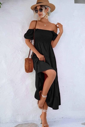 SQUARE NECK PUFF WRINKLE CHEST CAKE MAXI DRESS Smart and Relaxed Effortless Touch