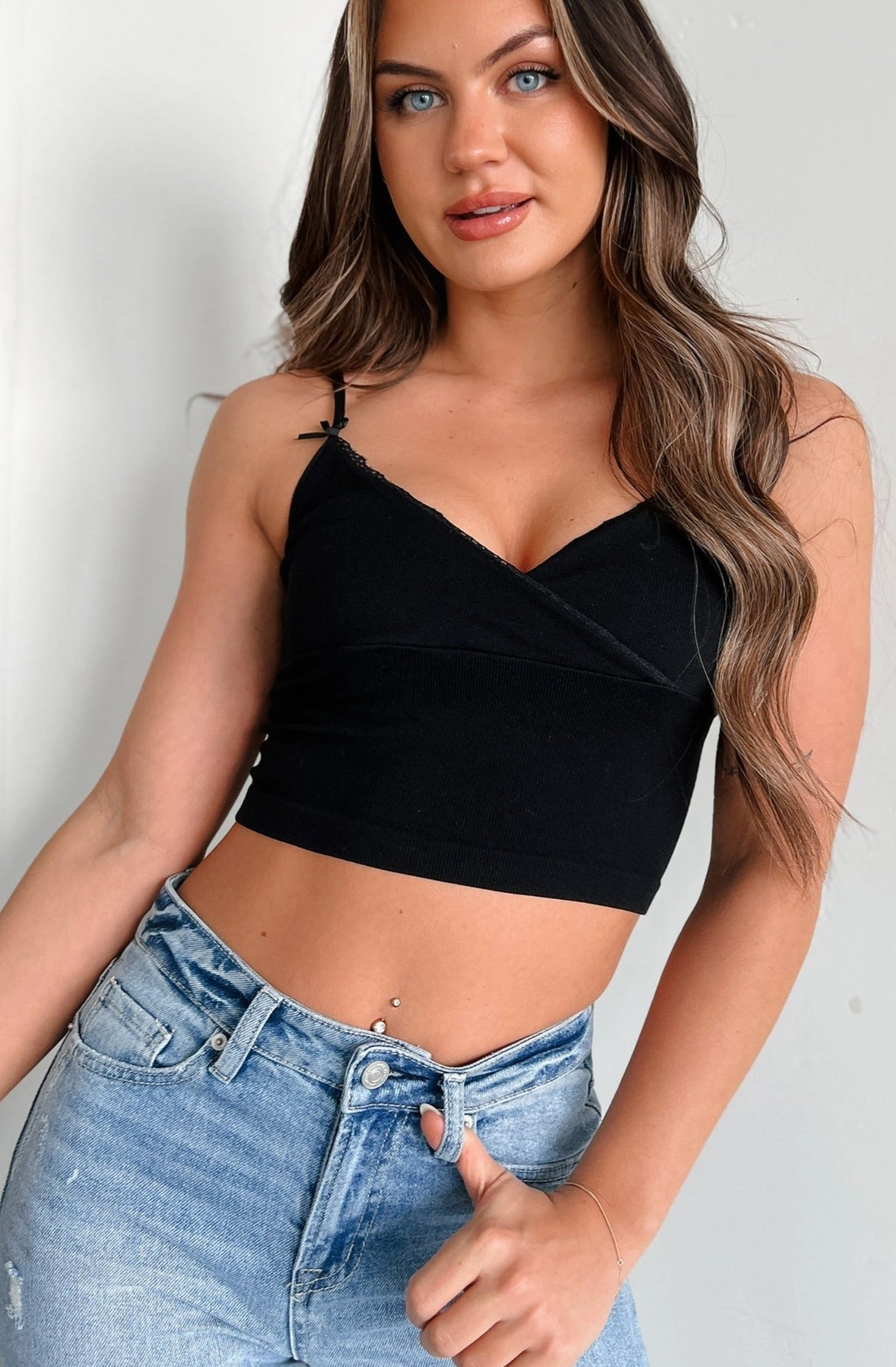 Developing Feelings Lace Trim Cami Crop Top (Black) BreathableMoistureBarrier