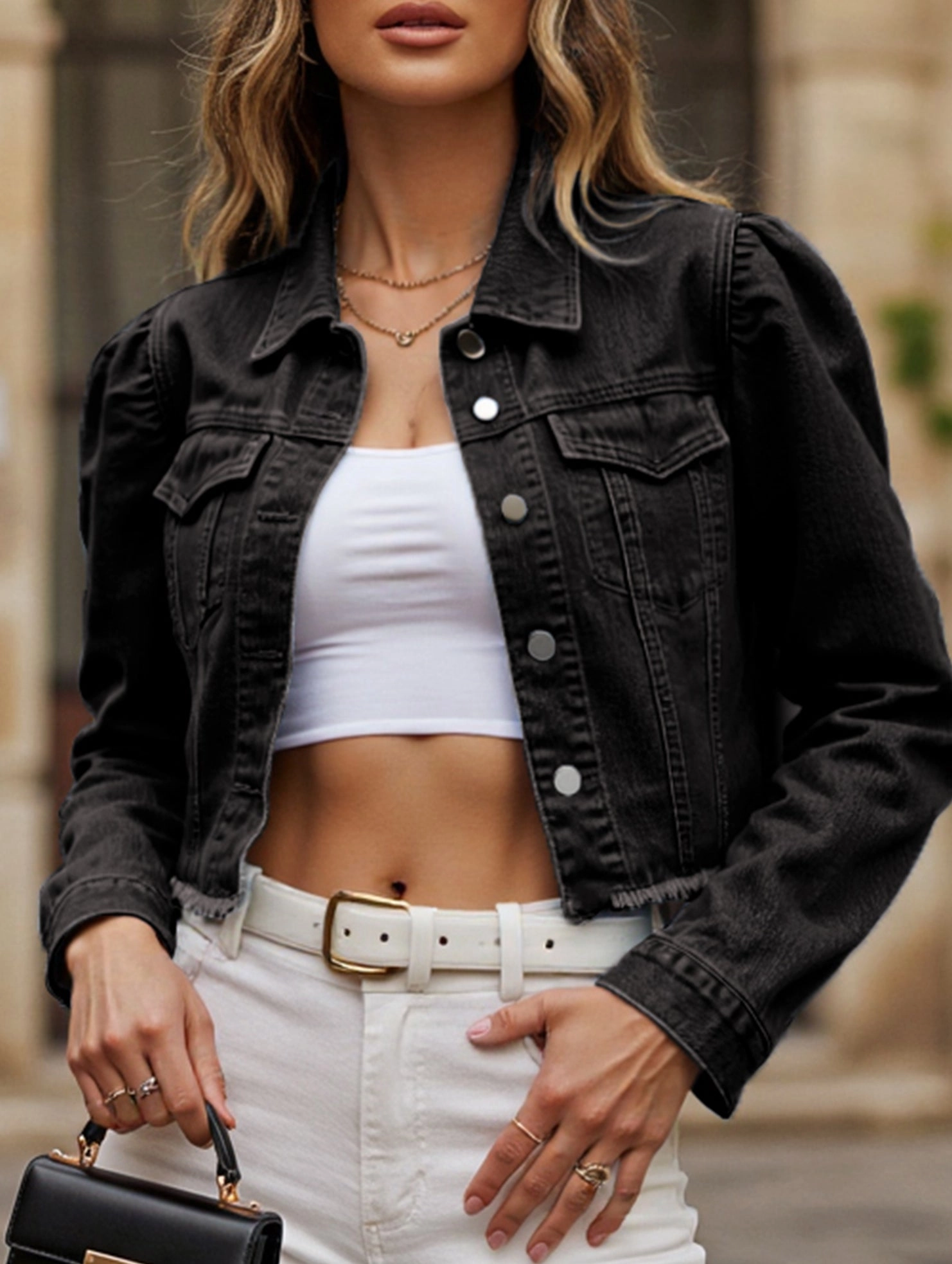 Washed casual raw-edge cropped denim jacket FlexibleRibbing