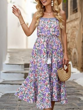 Clasp-Closure Layered Floral Print Maxi Dress with Drawstring Waist ??Casual Summer Dress
