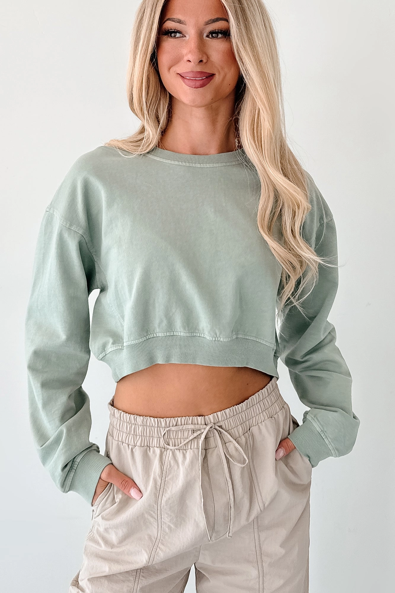 Chill Charm Long Sleeve Cropped Sweatshirt (Sage Green) Quick Access Pockets RibbedTrim