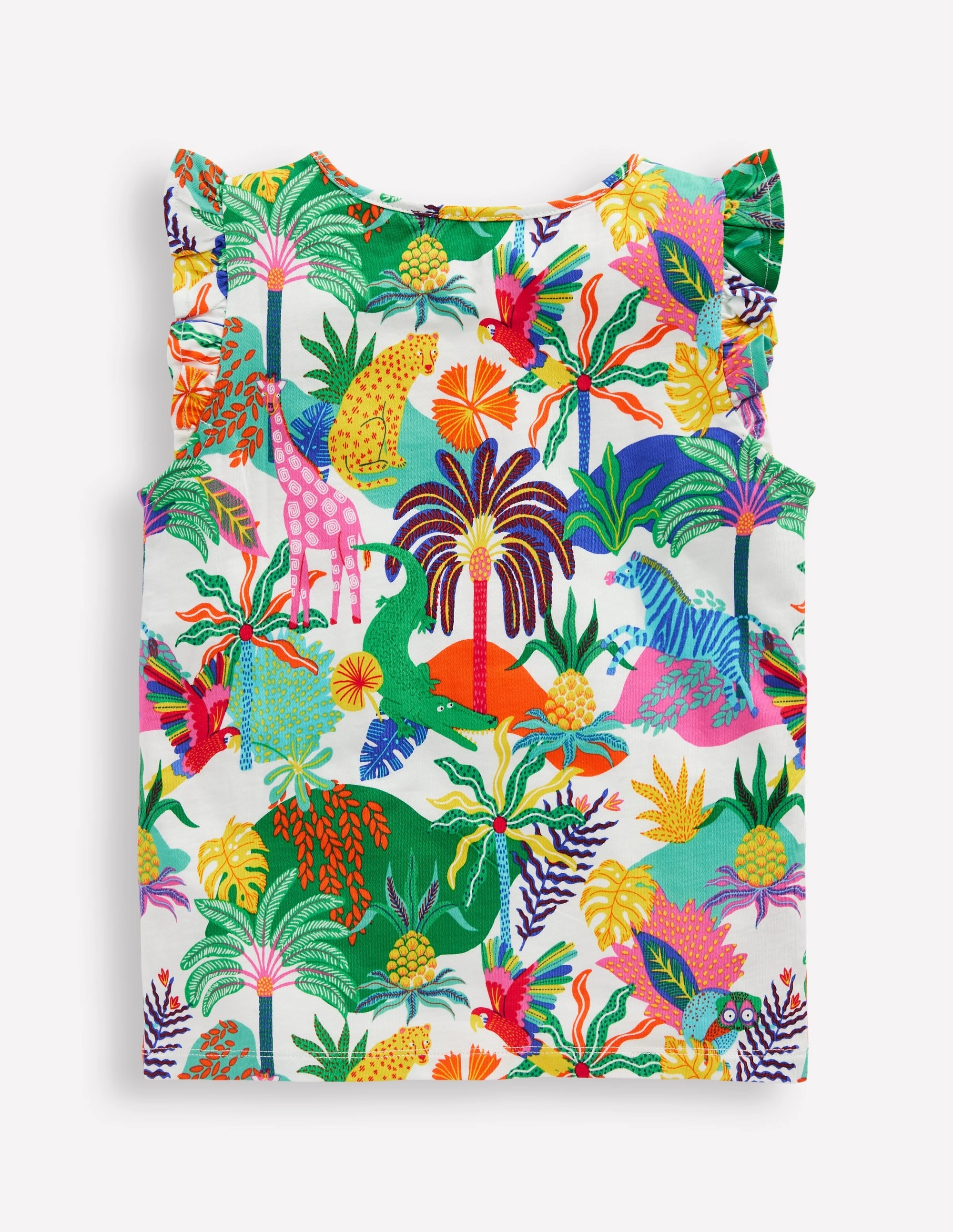 Frill Sleeve Printed Tee-Soft Ivory Multi Jungle ContrastStitching