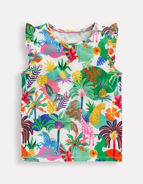Versatile Base Layer Frill Sleeve Printed Tee-Soft Ivory Multi Jungle