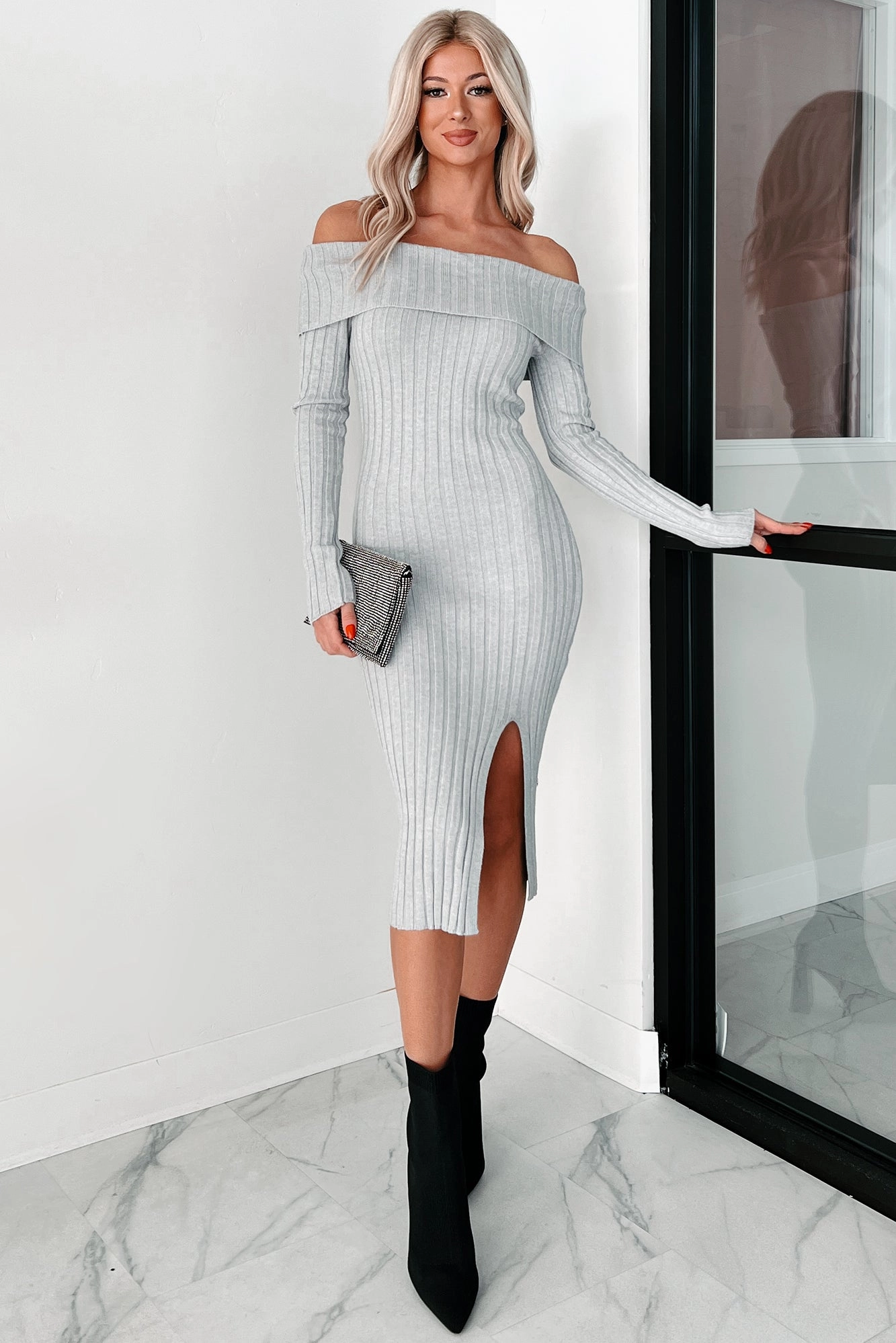 Leah Off The Shoulder Sweater Dress (Light Heather Grey) Convertible-Style