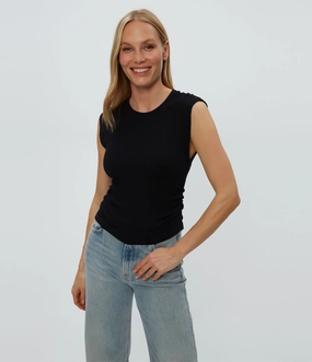 Non Restrictive Collar LEIGHTON CRINKLE KNIT POWER SHOULDER TOP