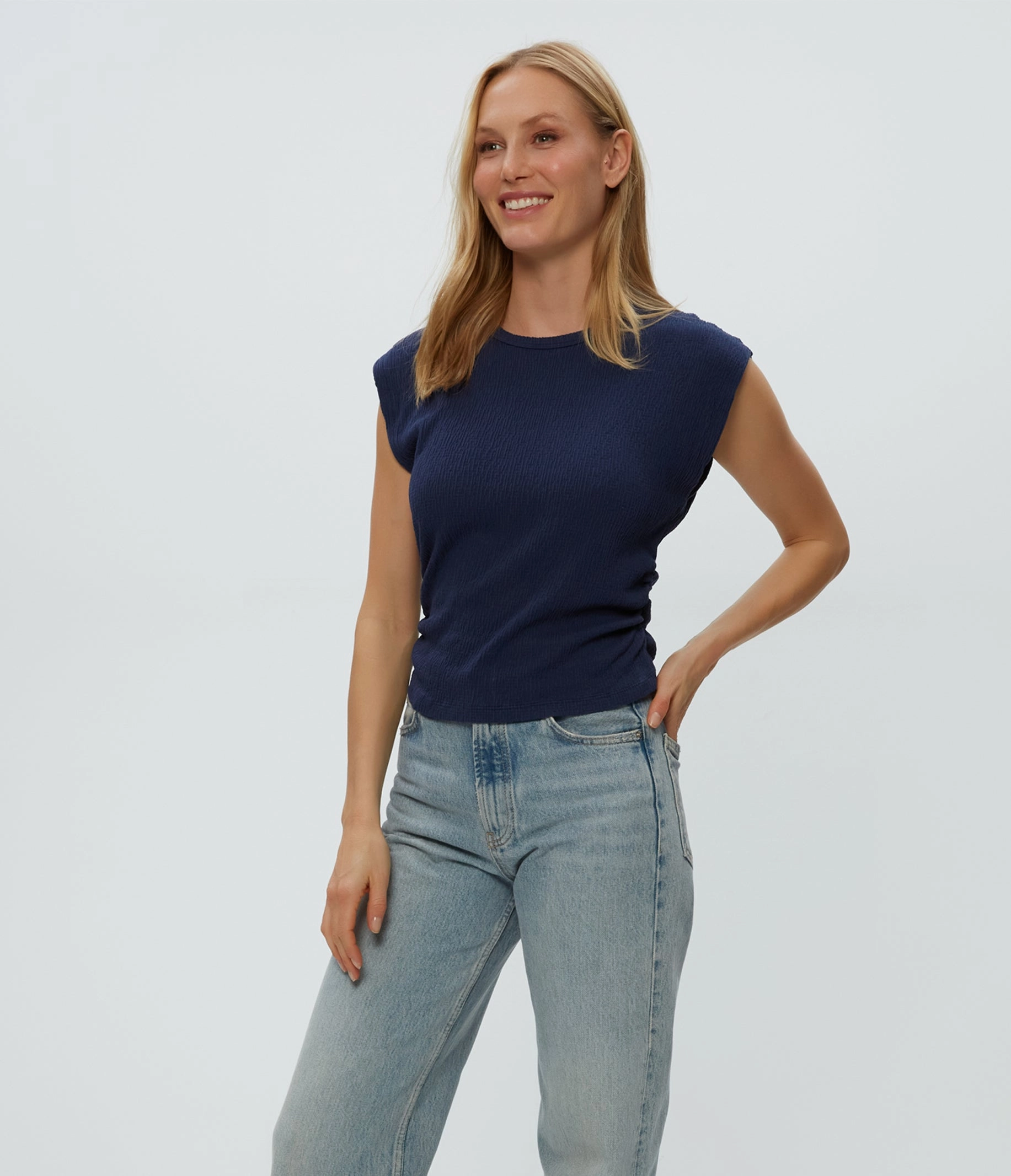 FadeResistant Dye Office Wear LEIGHTON CRINKLE KNIT POWER SHOULDER TOP