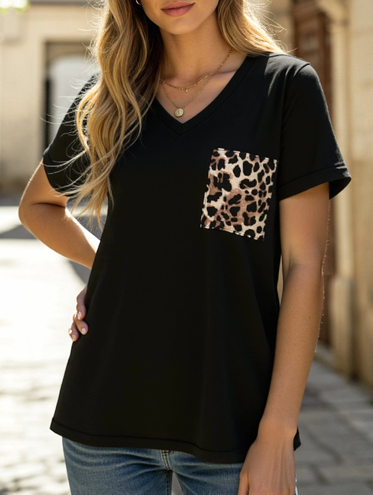 LEOPARD PATTERN BLOCKED CASUAL TOP Odor Resistant Treatment