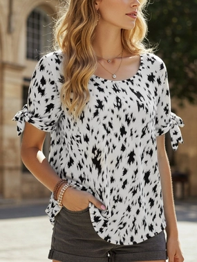 LEOPARD PRINT BLOUSE WITH ROUND NECK STRAP Cozy Blouse Fashionable Style