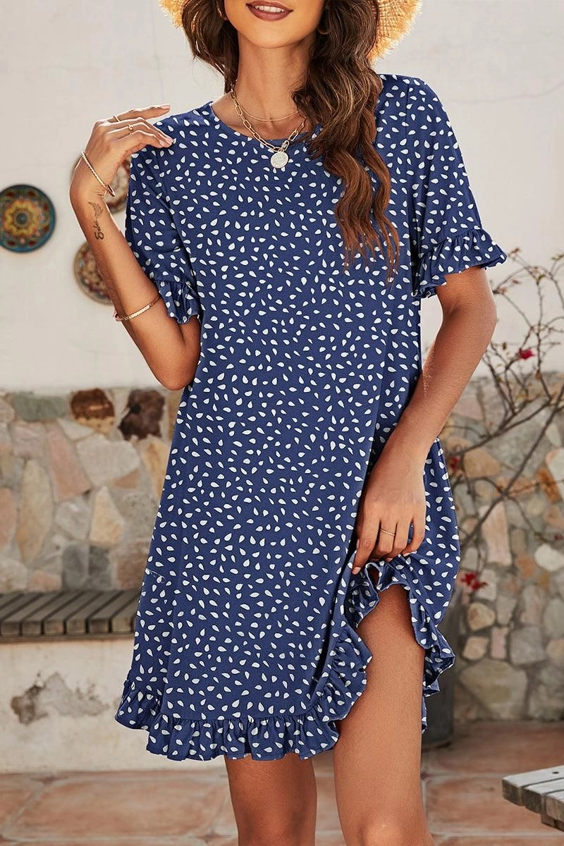 LEOPARD PRINTING RUFFLED SHORT SLEEVE DRESS Indoor Event Beauty Zone