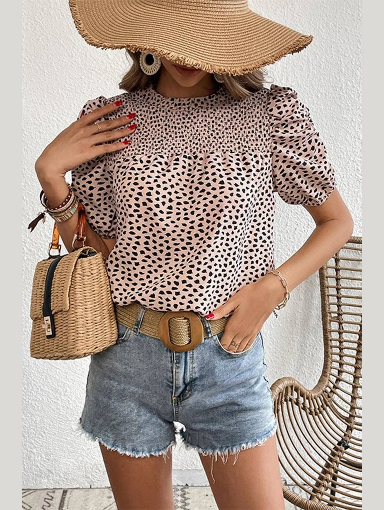 Summer Dress LEOPARD PRINTING SHORT PUFF SLEEVE WOMEN T SHIRT