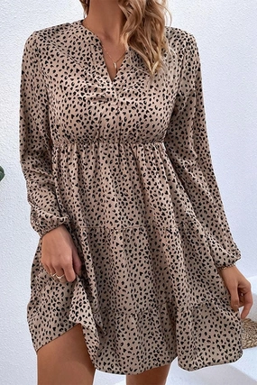 Vibrant Design Satin Grace LEOPARD RUFFLE LONG SLEEVE DRESS