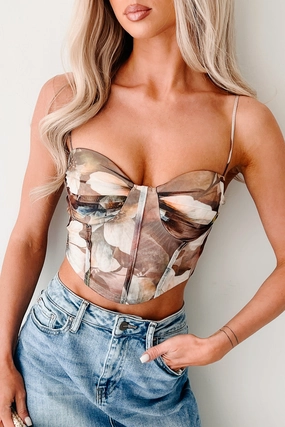 Minimalist Aesthetic Let Go & Grow Floral Mesh Crop Top (Taupe)