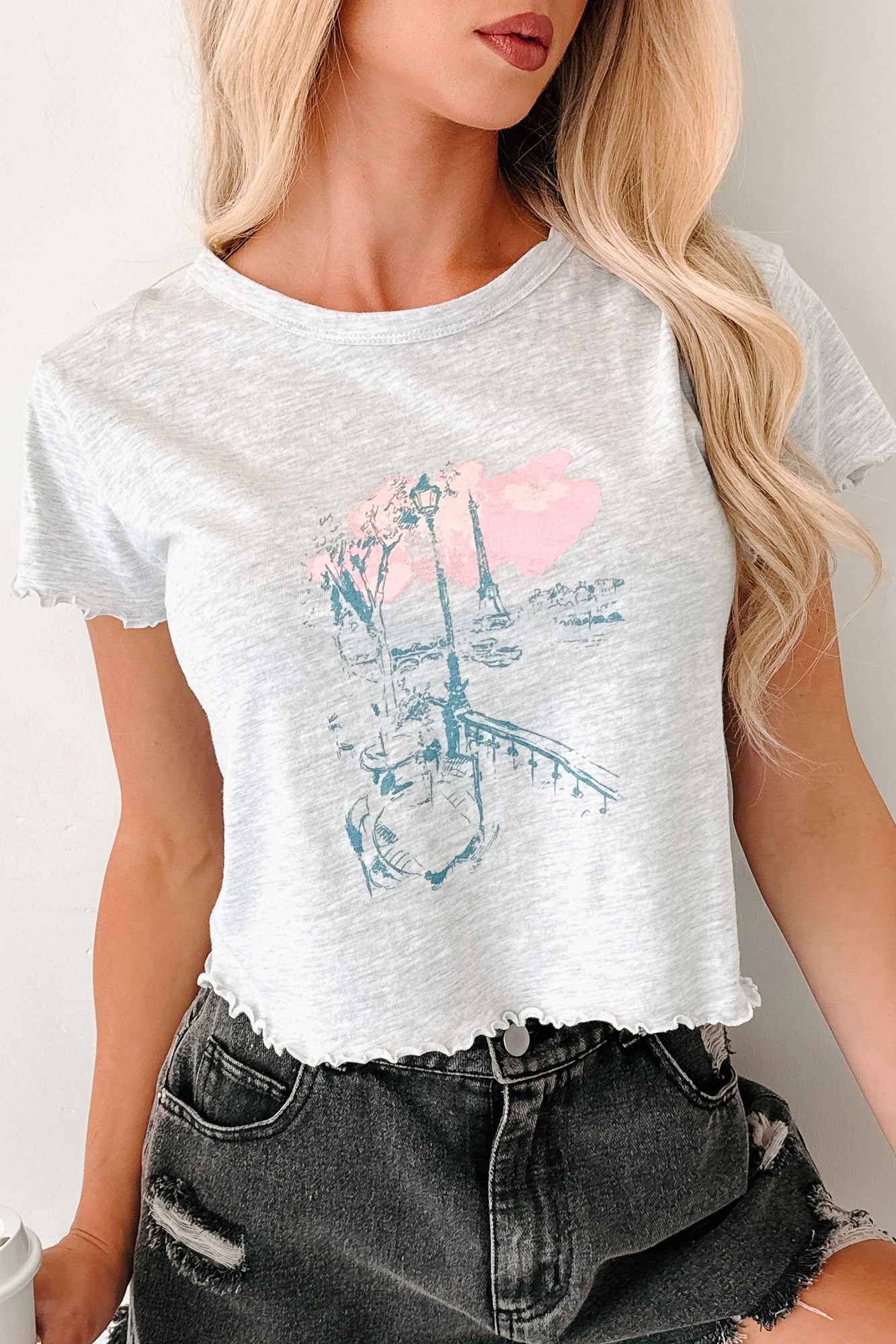 Letters From Paris Graphic Baby Tee (Heather Grey) Hidden Zipper Pocket Active Look