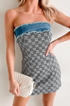 Letting Go Of Fear Denim Tweed Mini Dress (Black/Denim) Sage Detail Mid layer