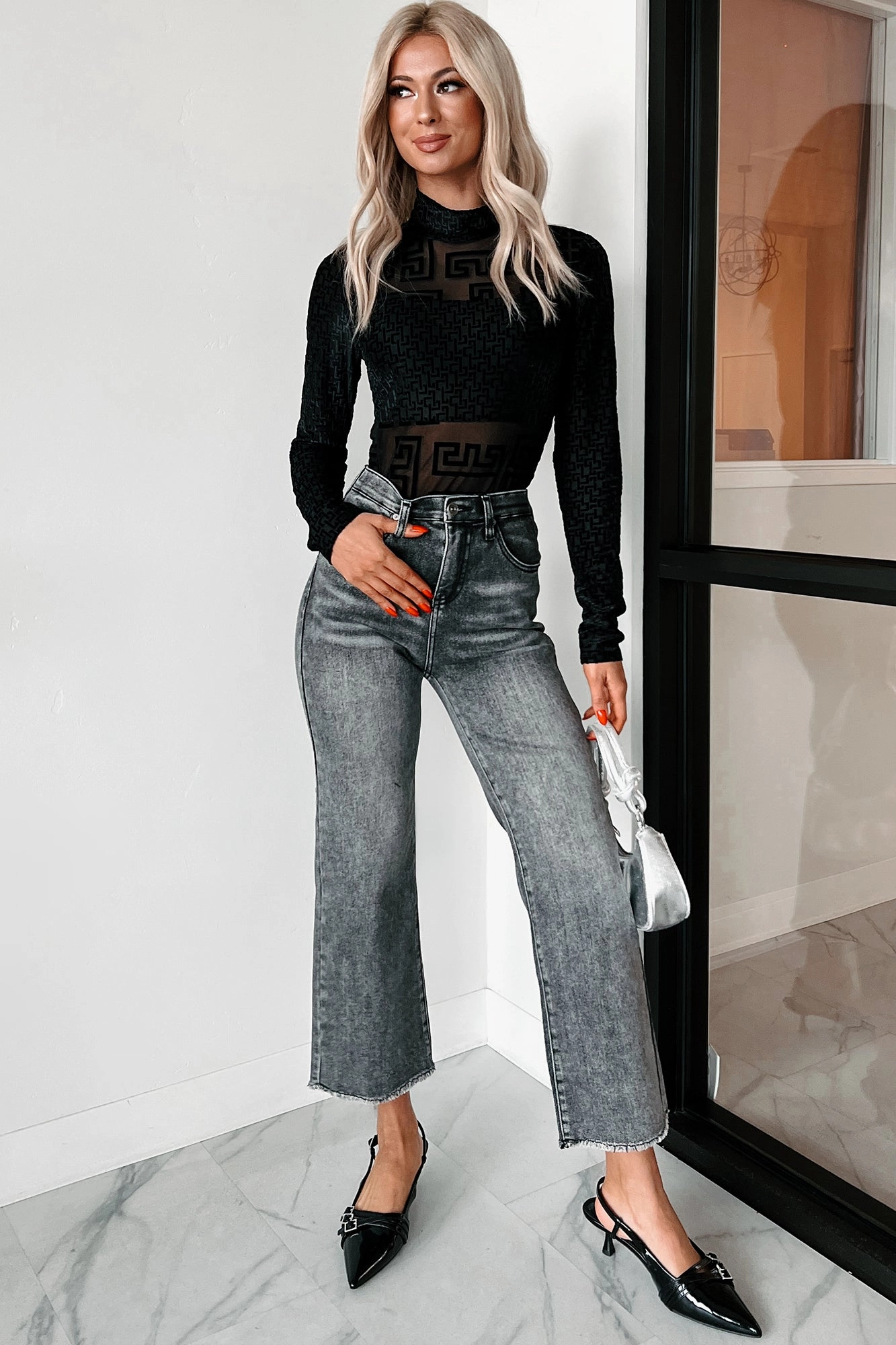 Life's Mysteries Geometric Mesh Long Sleeve Top (Black) Elegant Cut