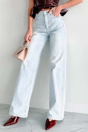 Flexible Cut Cynthia High Rise Pearl Detail Vibrant Wide Leg Jeans (Light Stone)