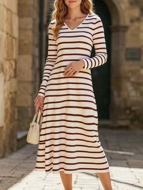 Easy Match Subtle Drape Long-sleeved striped print V-neck pullover dress