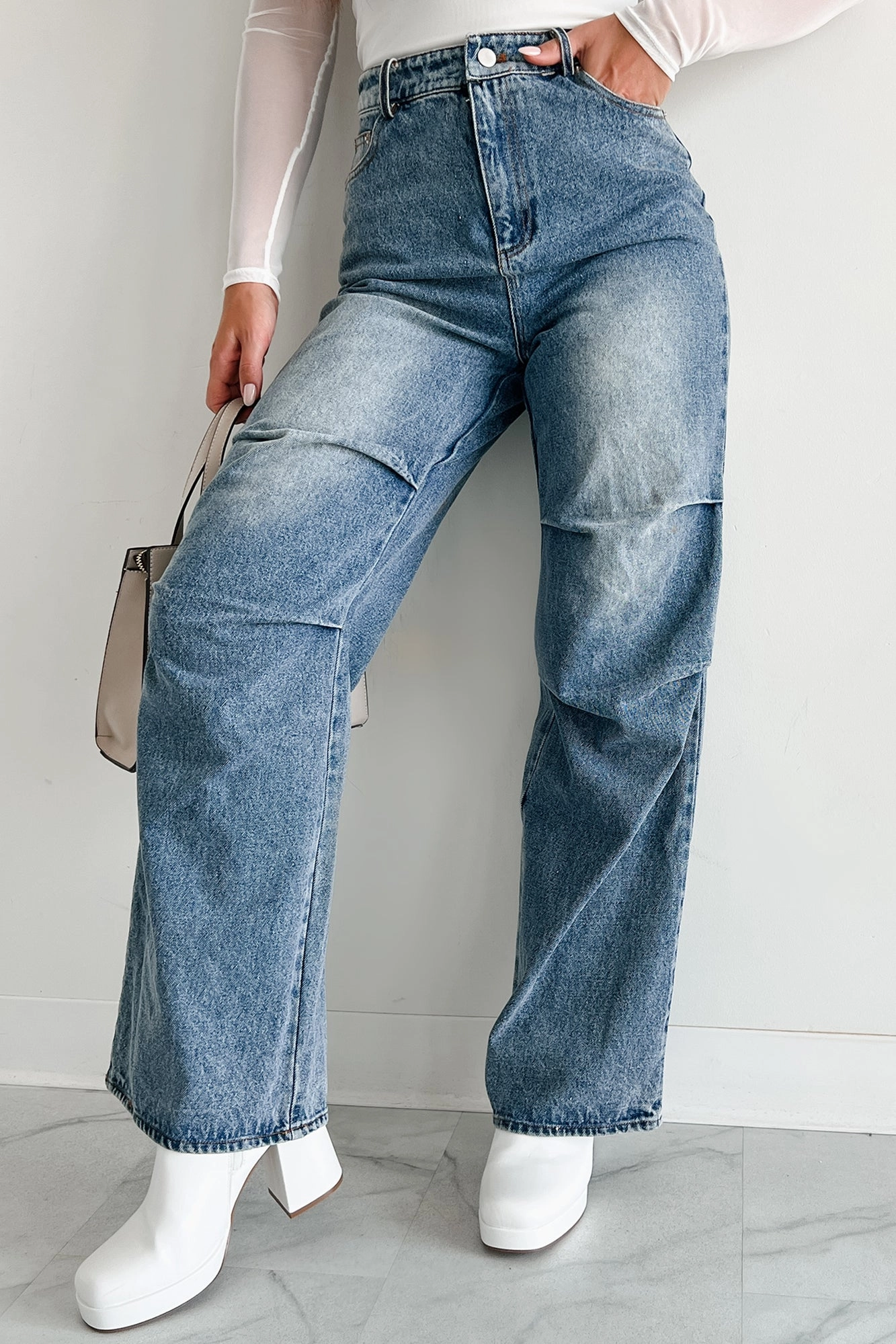 Modern Utility Urban Roots Knee Tuck Wide Leg Jeans (Washed Denim)