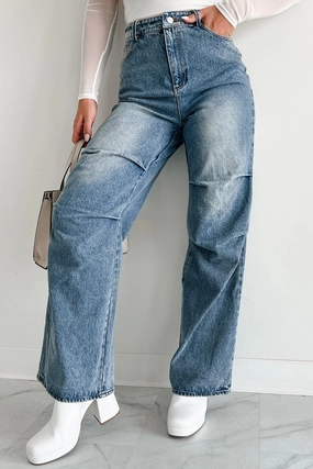 Moisture Management Urban Roots Knee Tuck Wide Leg Jeans (Washed Denim)