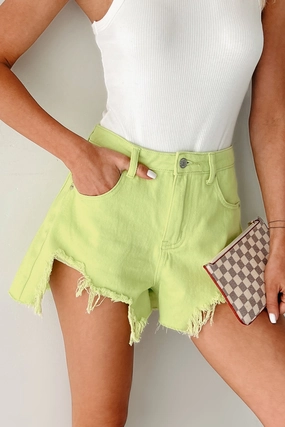 Jeanette High Rise Distressed Denim Shorts (Lime) All Purpose Utility Fit vacation look
