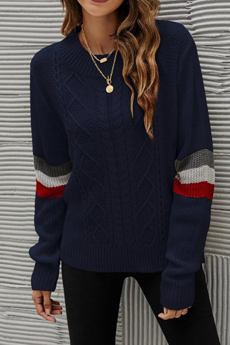 WOMEN COLOR STRIPE SLEEVE LOOSE KNIT JUPMER TOP WrinkleResistant Reflective Trim