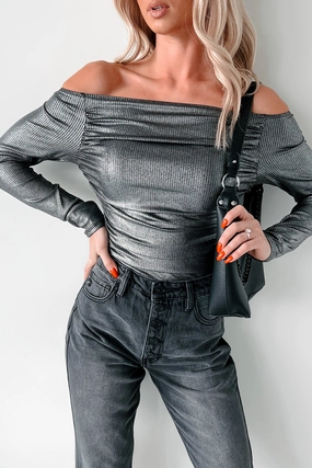 Wool Sweater Hidden Pocket Midnight Magnetism Off The Shoulder Metallic Bodysuit (Galaxy Black)