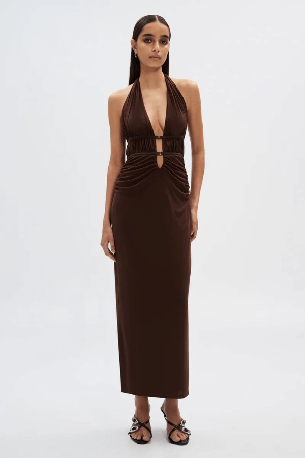 Elegant holiday wear Minimal Outfit The Celine Mesh Dress Espresso