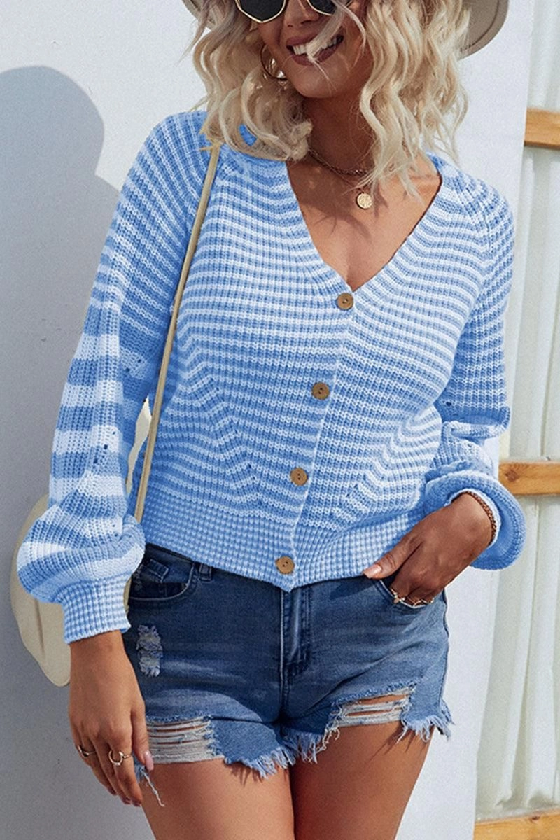 Breathable Mesh Back EcoFriendlyDye BUTTON DOWN STRIPE KNITTED SHORT CARDIGAN