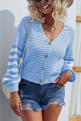 NonIrritatingTags Professional Look BUTTON DOWN STRIPE KNITTED SHORT CARDIGAN