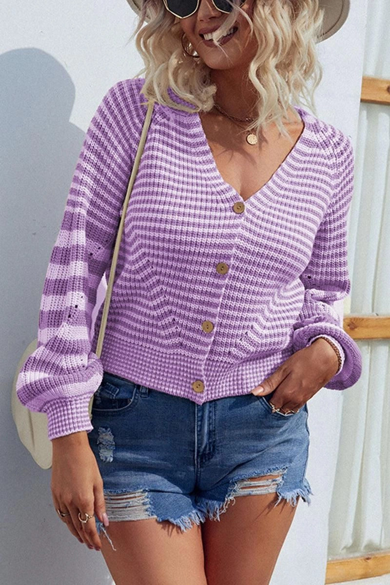 PocketDetails Mesh Panel Details BUTTON DOWN STRIPE KNITTED SHORT CARDIGAN