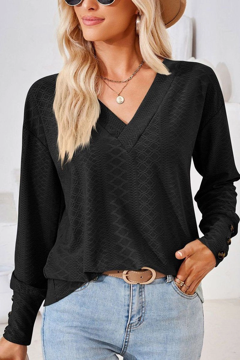 WOMEN V NECK BUTTONED CUFF LOOSE FIT BLOUSE MultiPocketDesign
