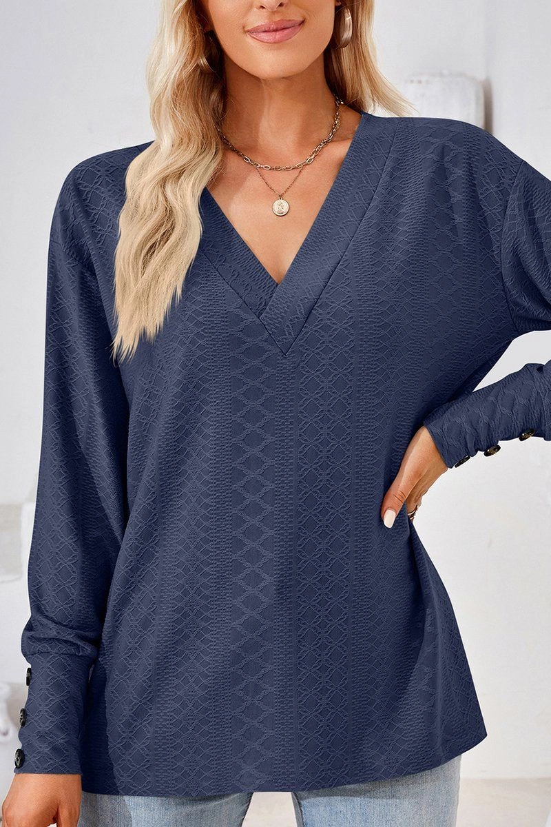 WOMEN V NECK BUTTONED CUFF LOOSE FIT BLOUSE AntiPillingFinish