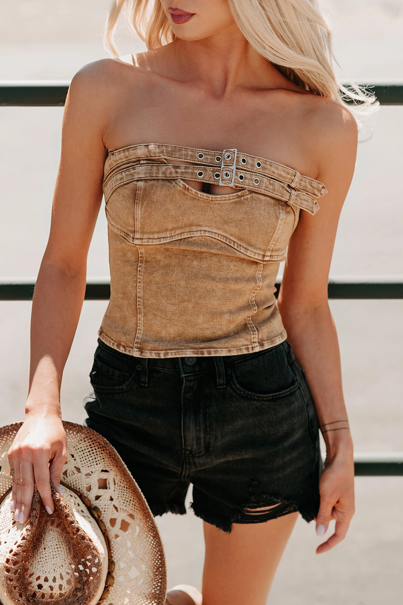 Circular Knit Non Restrictive Fit Baddie Blueprint Strapless Denim Top (Brown)