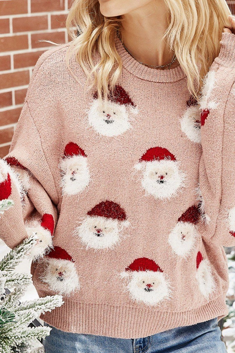 Classic Polo Built In Filter Layer WOMEN FURRY CHRISTMAS SANTA PRINTING KNIT SWEATER
