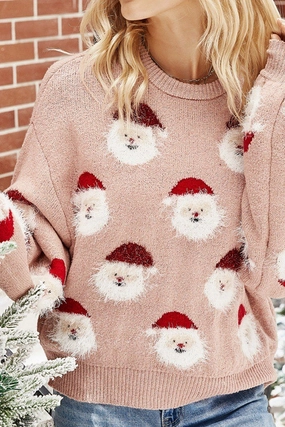 Classic Polo Built In Filter Layer WOMEN FURRY CHRISTMAS SANTA PRINTING KNIT SWEATER