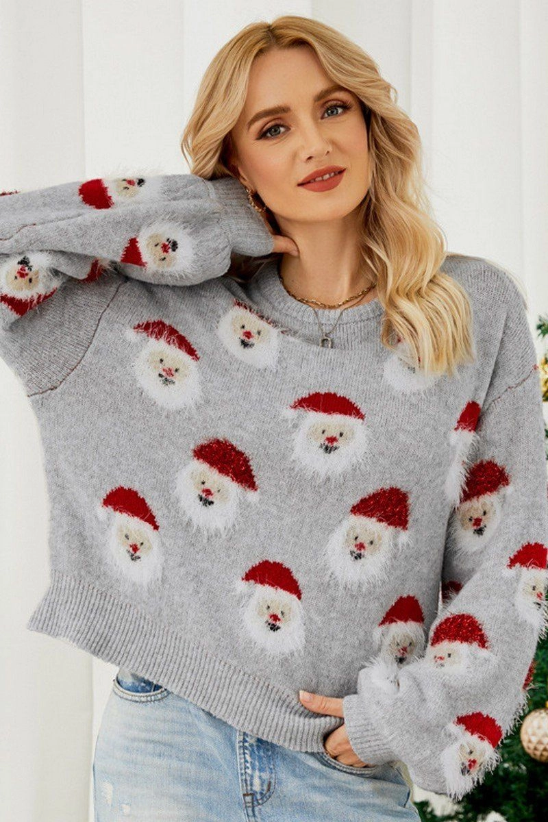 Timeless Cut WOMEN FURRY CHRISTMAS SANTA PRINTING KNIT SWEATER