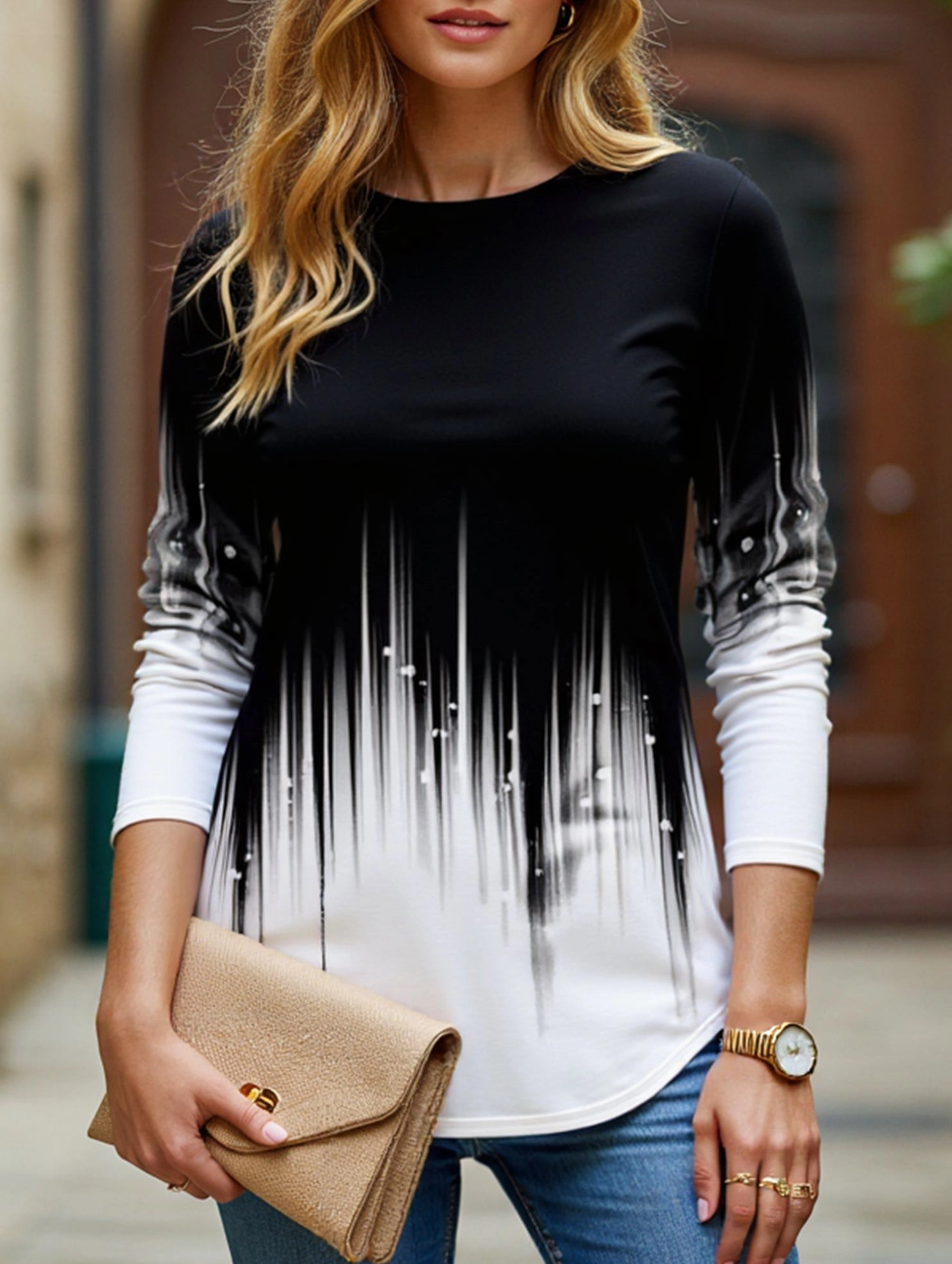 Casual round neck long sleeve loose pullover shirt Tunic top