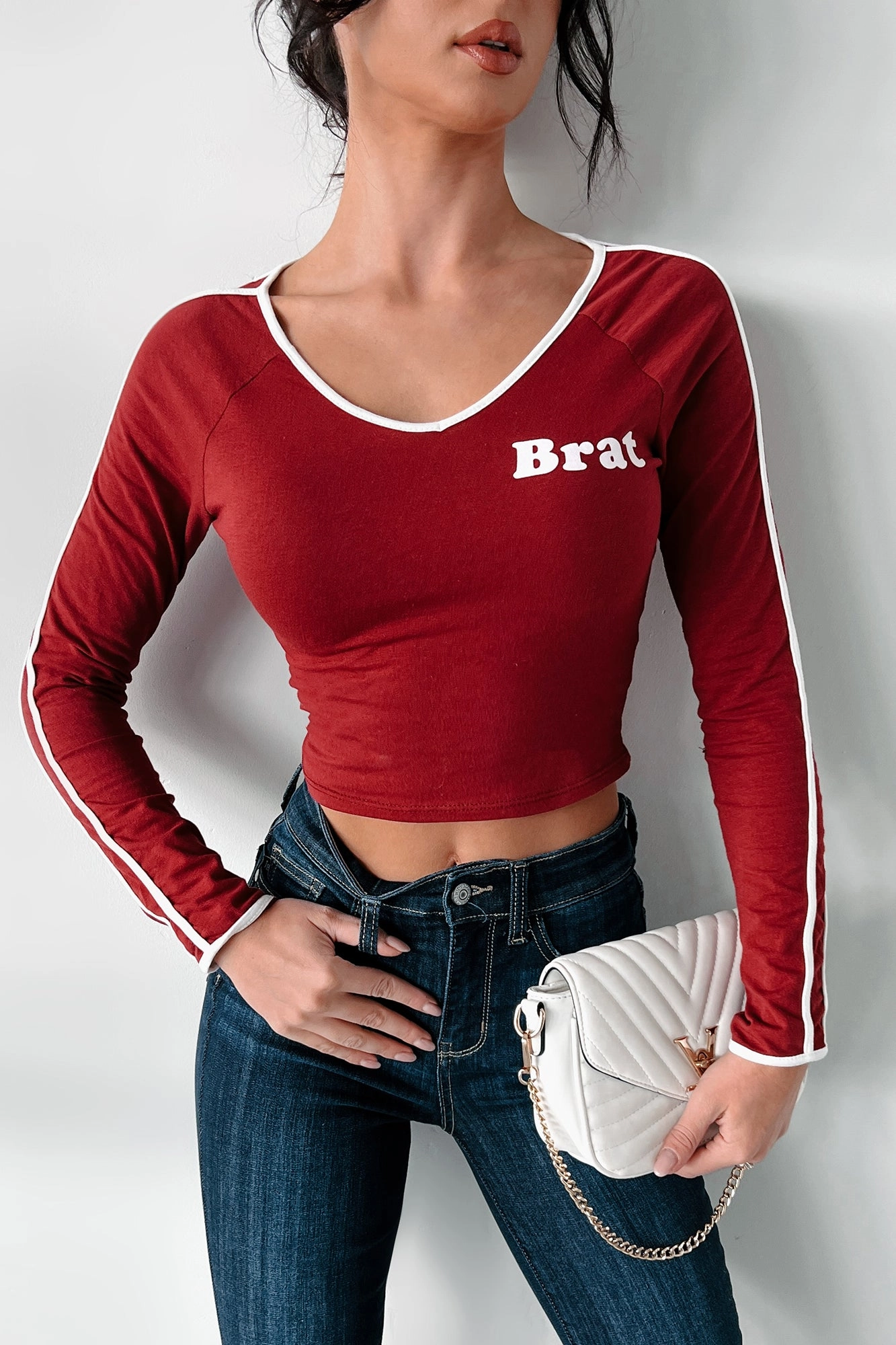 Fleece Pullover Hidden Pocket Design "Brat" Graphic Long Sleeve Top (Burgundy)