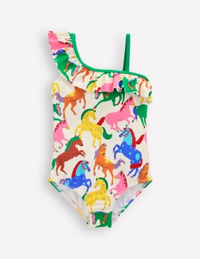 Lila One Shoulder Swimsuit-Multi Rainbow Horses Sunbathing Look Relaxing Fashion